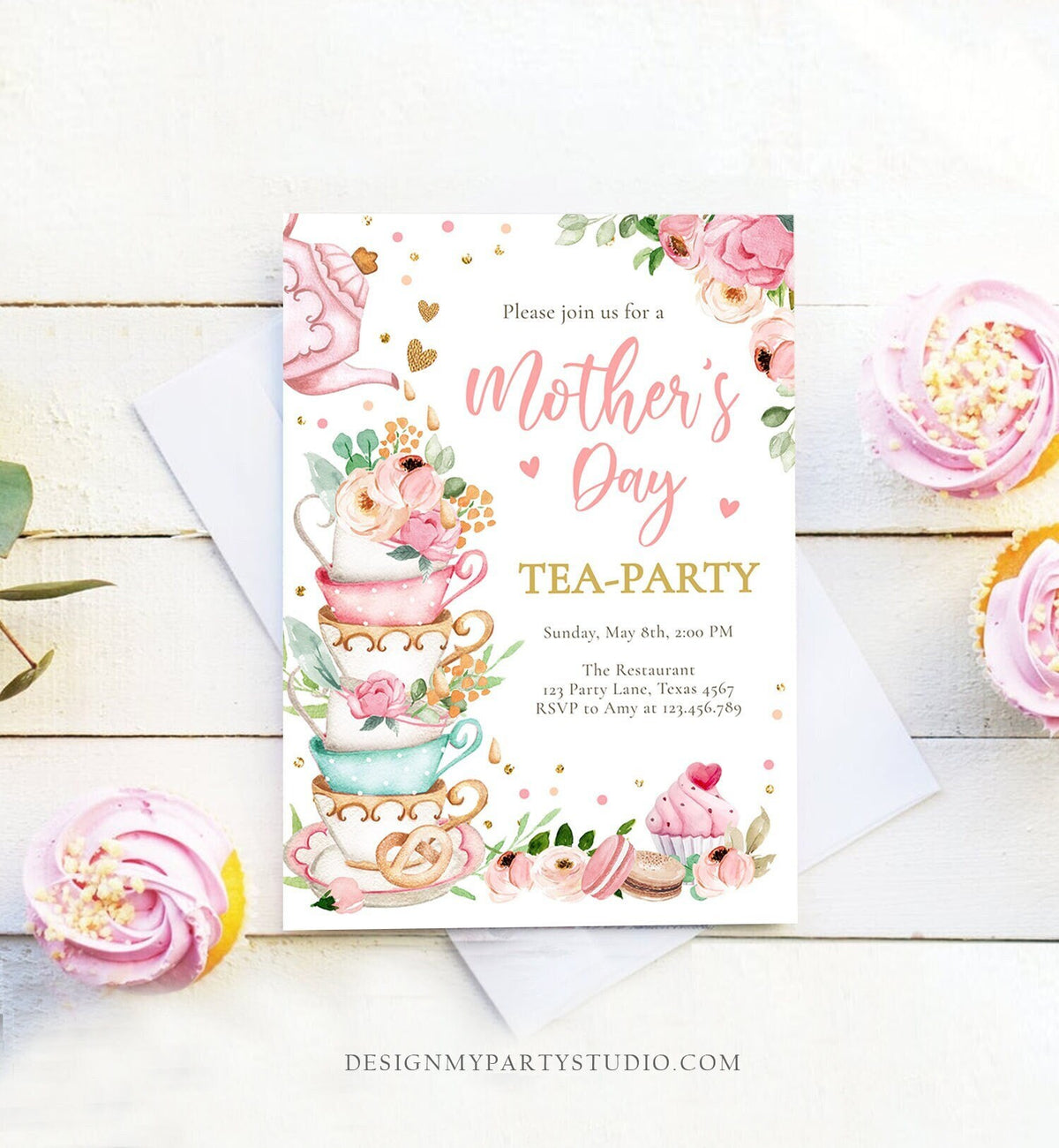 Editable Mothers Day Tea Party Invitation Tea Party Mother&#39;s Day Brunch Invite Mommy and Me Pink Floral Gold Corjl Template Printable 0349