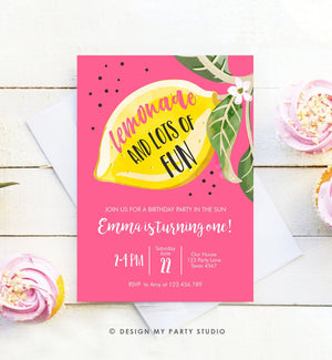 Editable Lemon Birthday Invitation Sunshine Lemonade and Fun Girl First Birthday Party Pink Sweet 1st Citrus Corjl Template Printable 0307