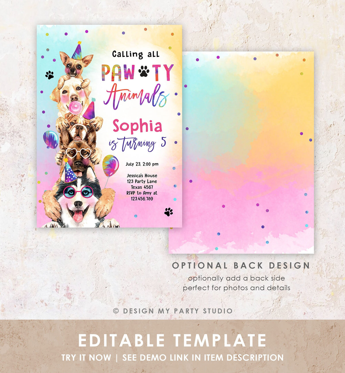 Editable Dogs Birthday Party Invitation Puppy Birthday Invite Calling All Pawty Animals Party Animals Download Printable Template Corjl 0460