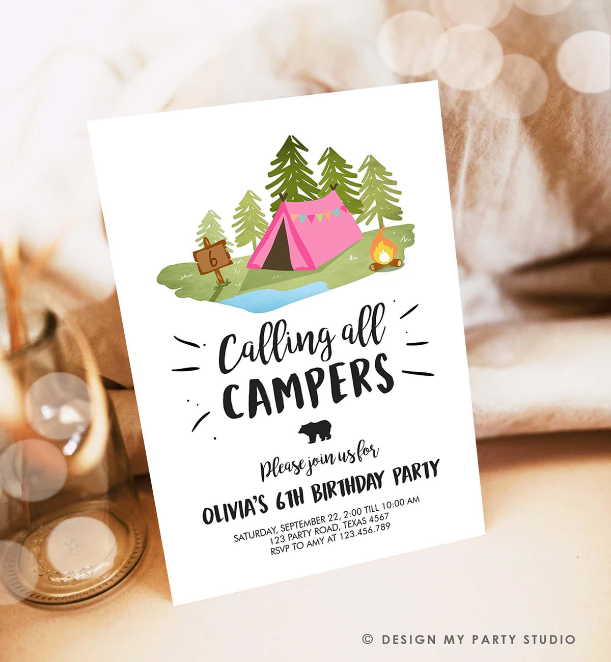 Editable Glamping Party Invitation Camp Out Birthday Invite Bonfire Outdoor Camping Tent Girl Pink Download Printable Template Corjl 0302