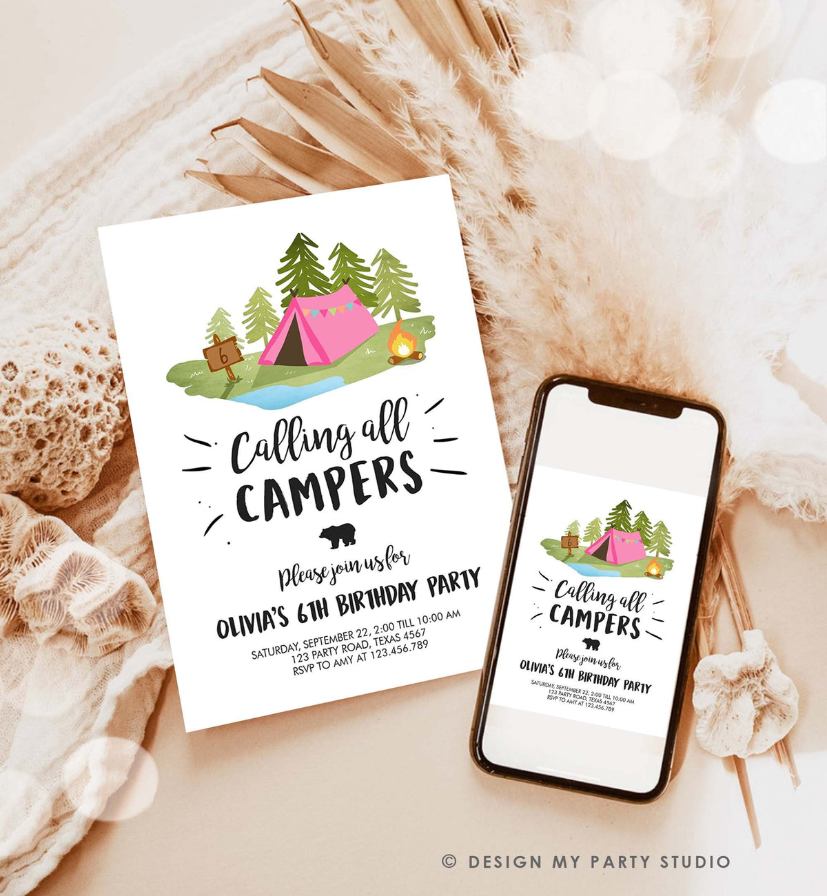 Editable Glamping Party Invitation Camp Out Birthday Invite Bonfire Outdoor Camping Tent Girl Pink Download Printable Template Corjl 0302