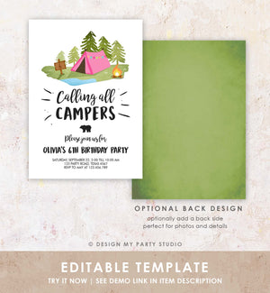 Editable Glamping Party Invitation Camp Out Birthday Invite Bonfire Outdoor Camping Tent Girl Pink Download Printable Template Corjl 0302