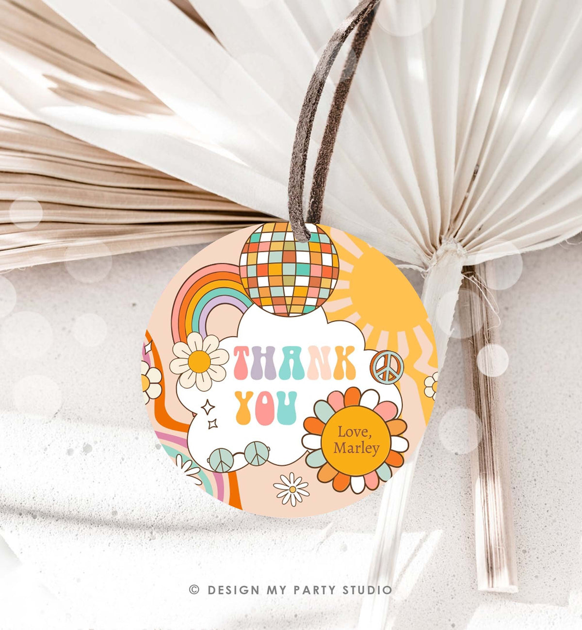 Editable Groovy Favor Tag Birthday Hippie Boho Retro Flower Power 70&#39;s Girl Thank You Stickers Skate Party Corjl Template Printable 0459