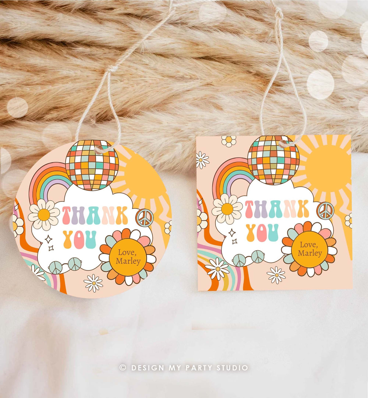Editable Groovy Favor Tag Birthday Hippie Boho Retro Flower Power 70&#39;s Girl Thank You Stickers Skate Party Corjl Template Printable 0459
