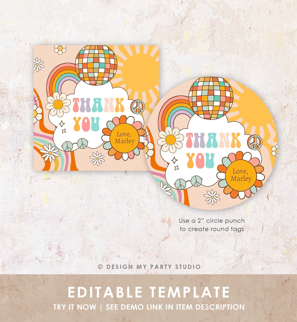 Editable Groovy Favor Tag Birthday Hippie Boho Retro Flower Power 70&#39;s Girl Thank You Stickers Skate Party Corjl Template Printable 0459