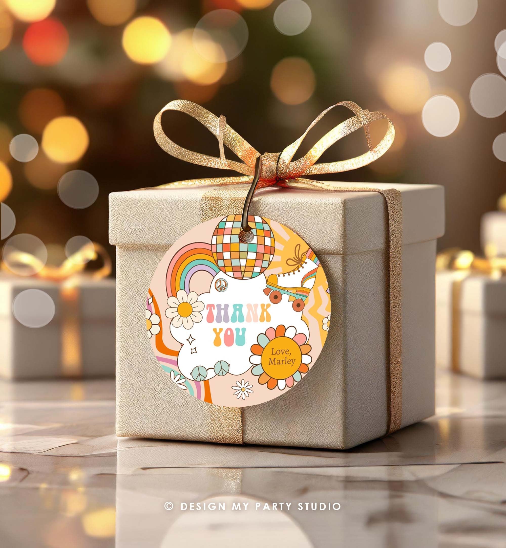 Editable Groovy Roller Skate Birthday Favor Tag Retro Birthday Hippie Floral 70's Girl Thank You Sticker Digital Template Printable 0459