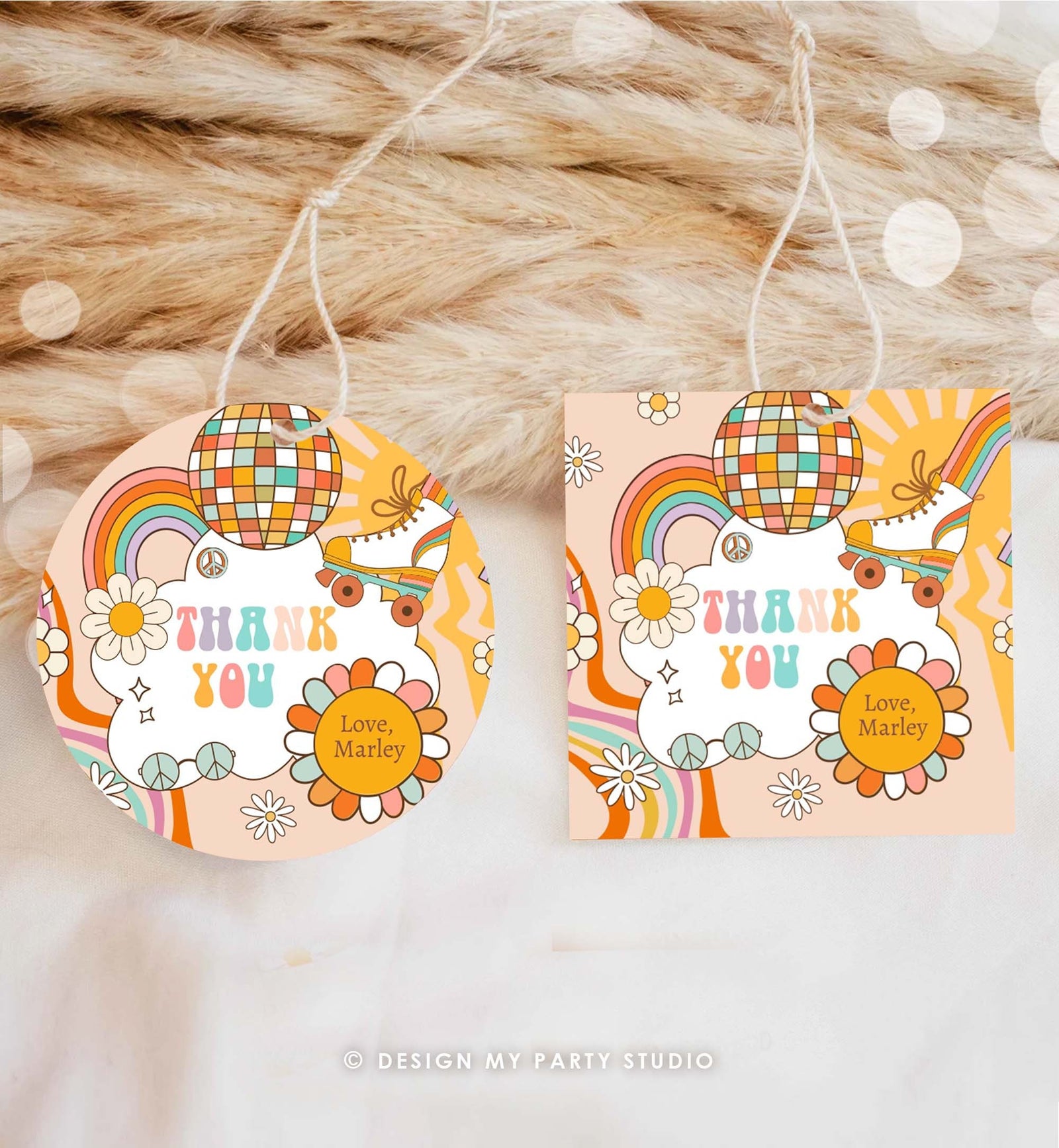 Editable Groovy Roller Skate Birthday Favor Tag Retro Birthday Hippie Floral 70's Girl Thank You Sticker Digital Template Printable 0459