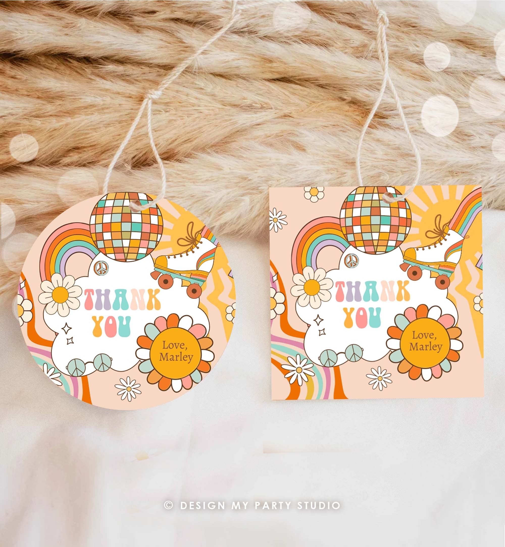 Editable Groovy Roller Skate Birthday Favor Tag Retro Birthday Hippie Floral 70's Girl Thank You Sticker Digital Template Printable 0459