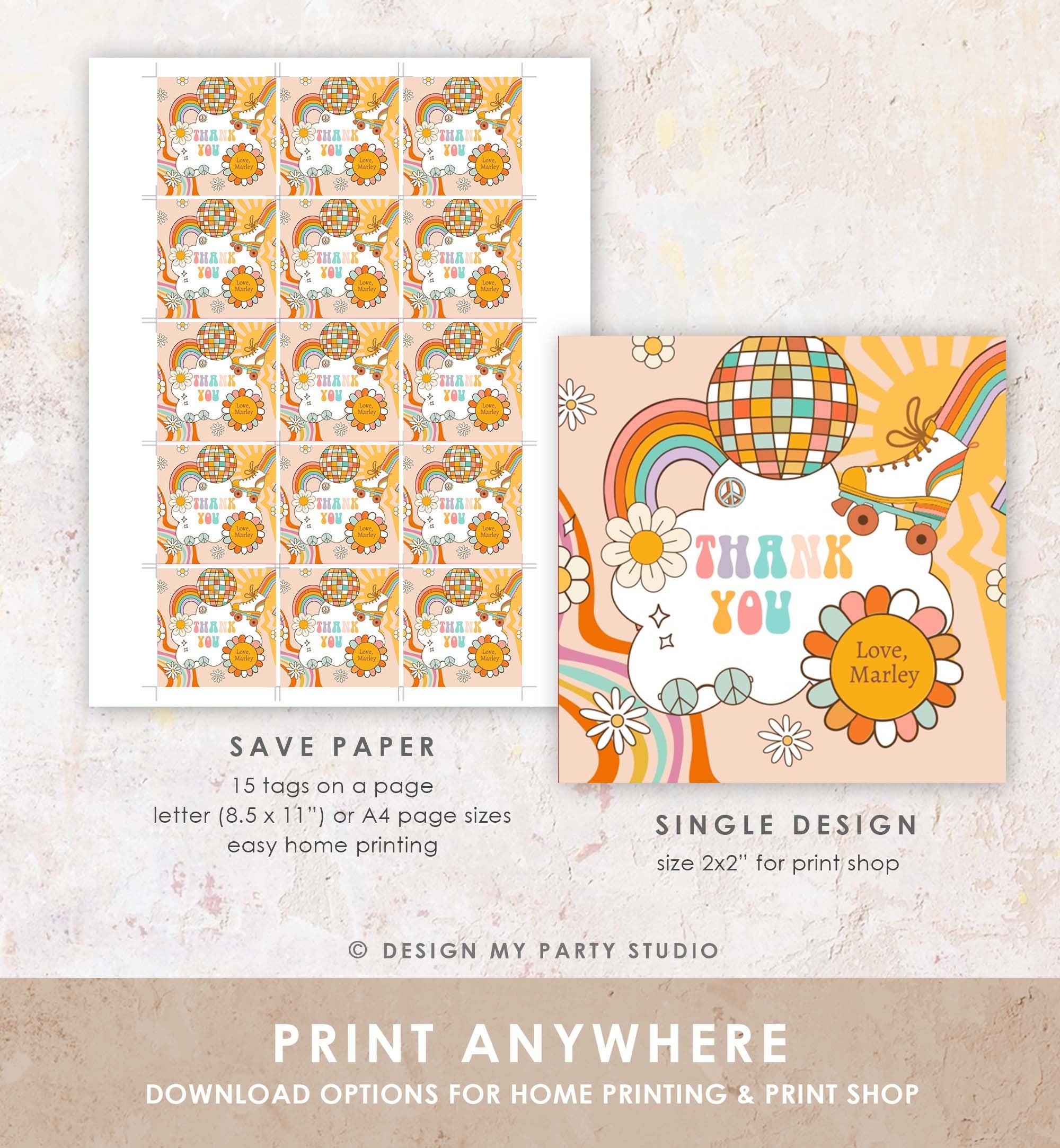 Editable Groovy Roller Skate Birthday Favor Tag Retro Birthday Hippie Floral 70's Girl Thank You Sticker Digital Template Printable 0459