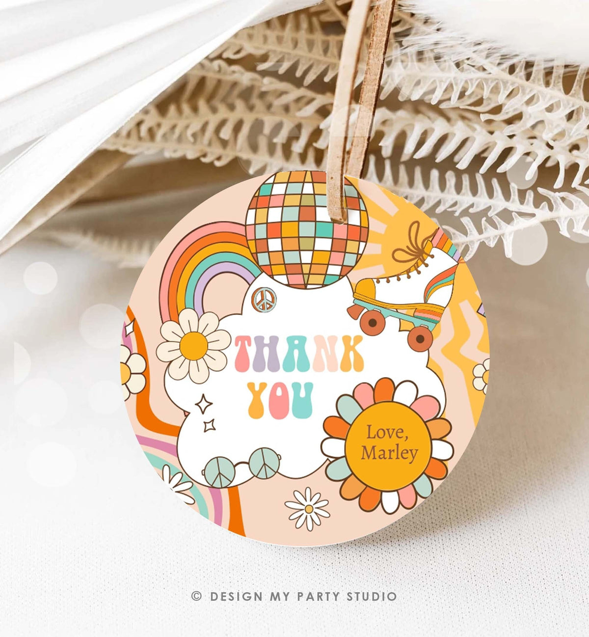 Editable Groovy Roller Skate Birthday Favor Tag Retro Birthday Hippie Floral 70&#39;s Girl Thank You Sticker Digital Template Printable 0459