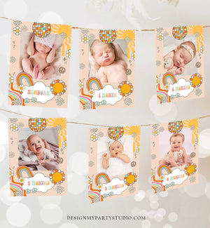 Editable Groovy One First Birthday Banner Monthly Photo Banner Girl Hippie 70's Party Groovy 1st Corjl Template Printable 0459