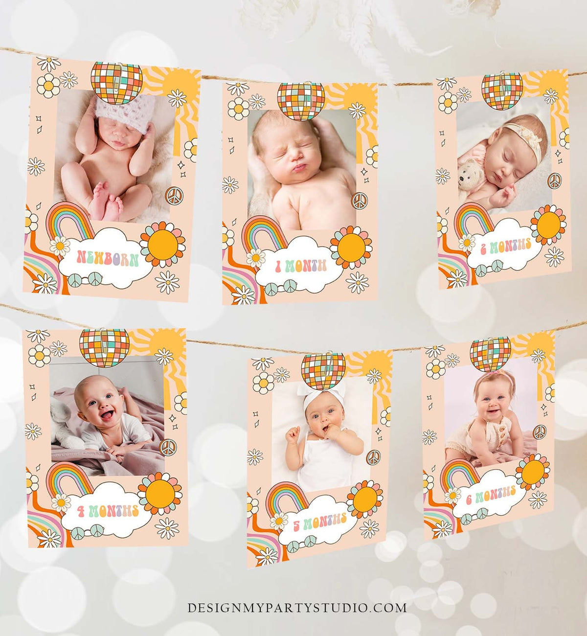 Editable Groovy One First Birthday Banner Monthly Photo Banner Girl Hippie 70&#39;s Party Groovy 1st Corjl Template Printable 0459