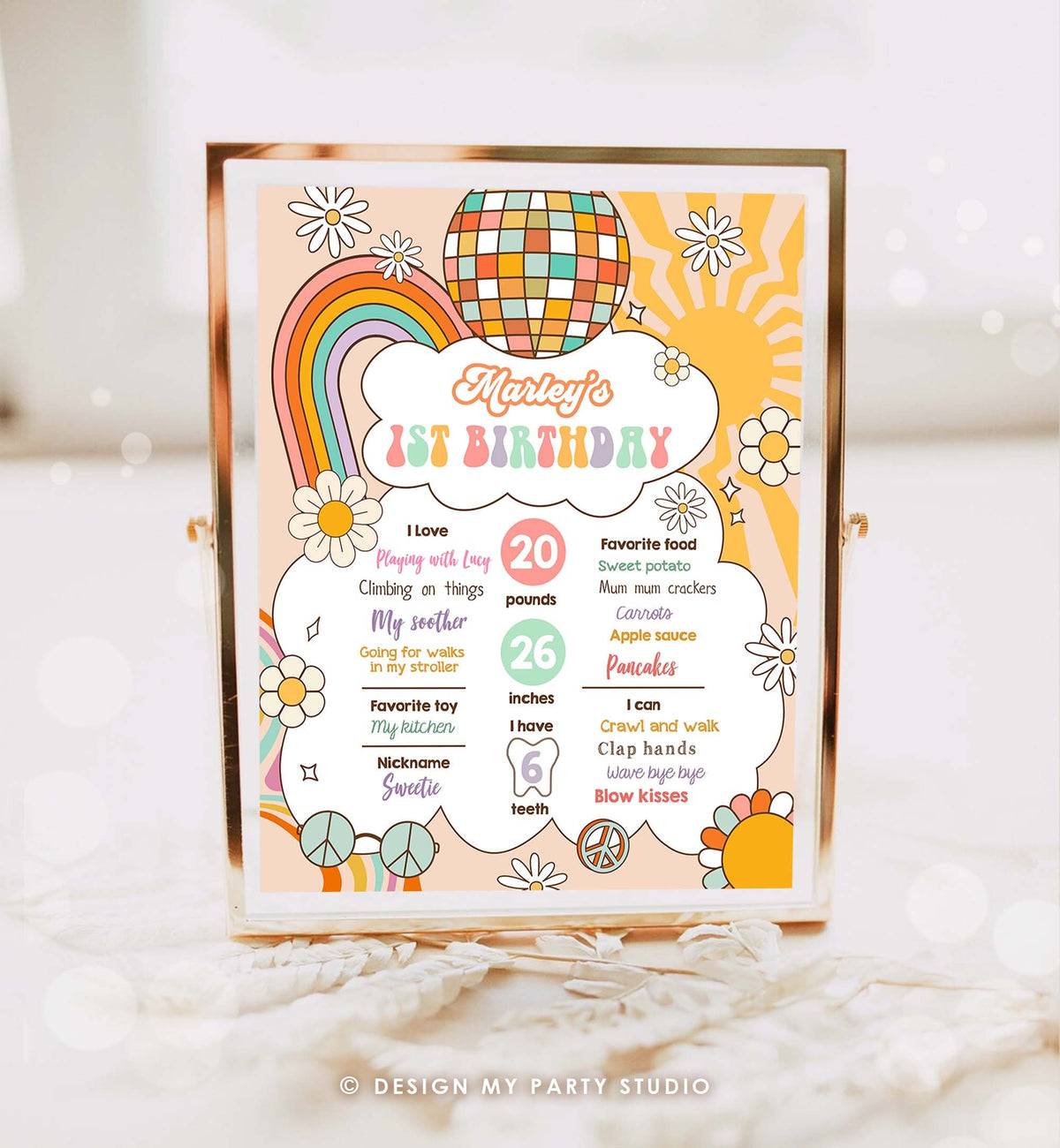 Editable Retro Groovy Birthday Milestones Sign Girl 1st First Birthday Hippie Flower Power 70&#39;s Boho Download Corjl Template Printable 0459