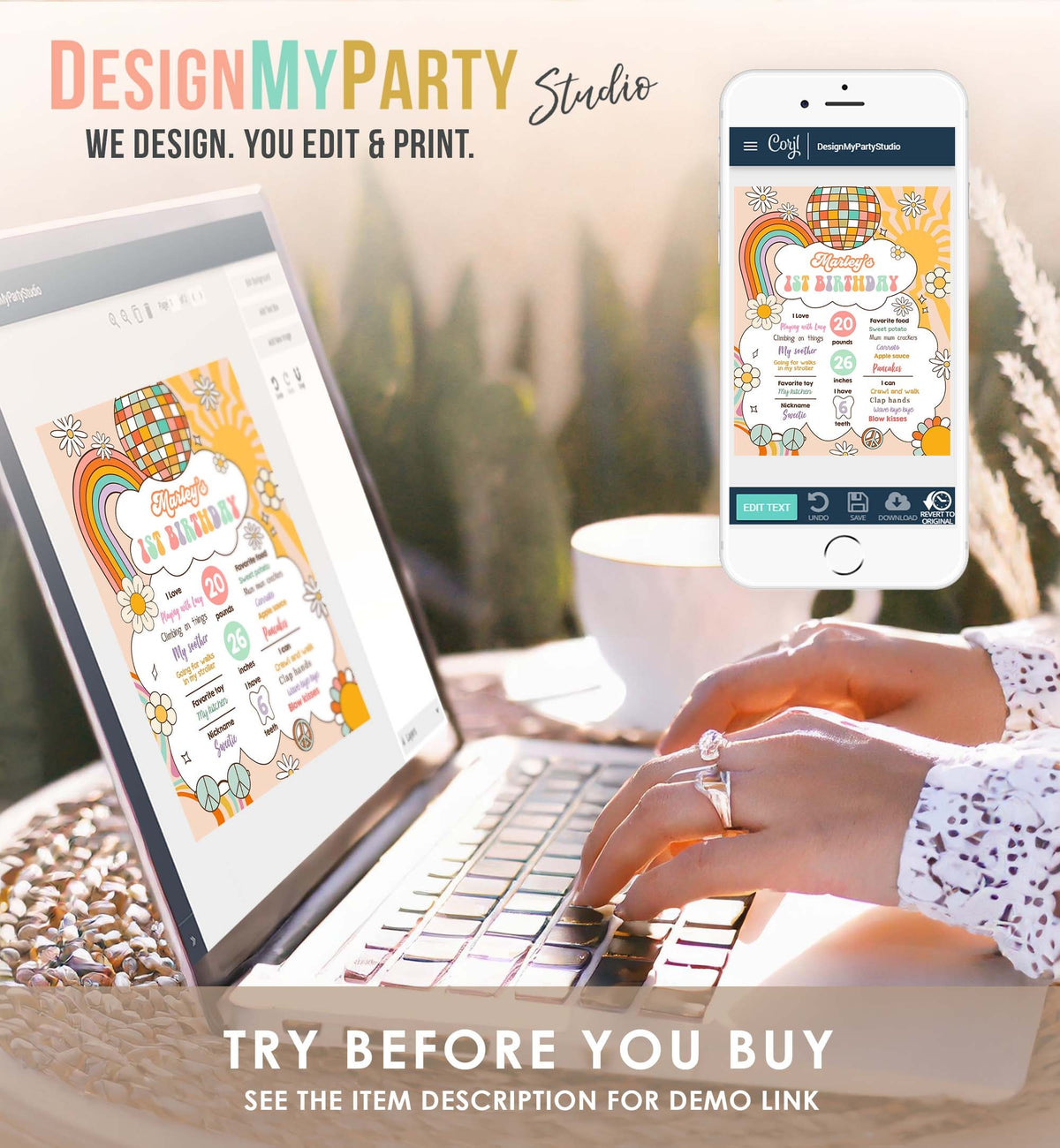 Editable Retro Groovy Birthday Milestones Sign Girl 1st First Birthday Hippie Flower Power 70&#39;s Boho Download Corjl Template Printable 0459