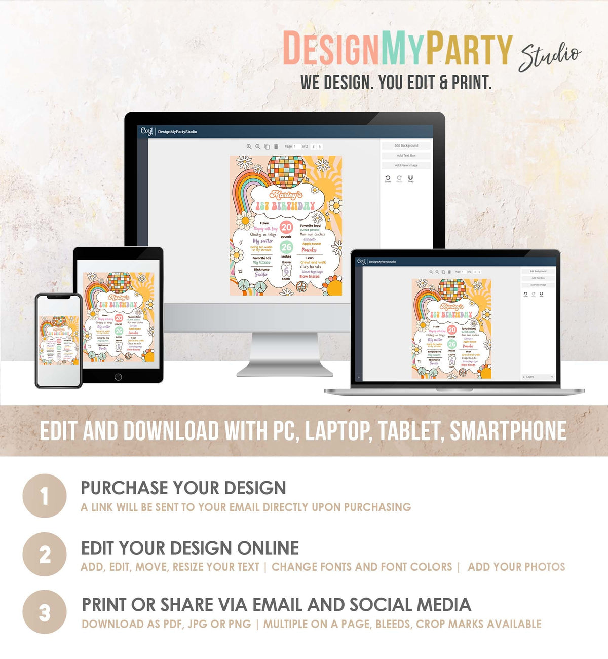 Editable Retro Groovy Birthday Milestones Sign Girl 1st First Birthday Hippie Flower Power 70&#39;s Boho Download Corjl Template Printable 0459