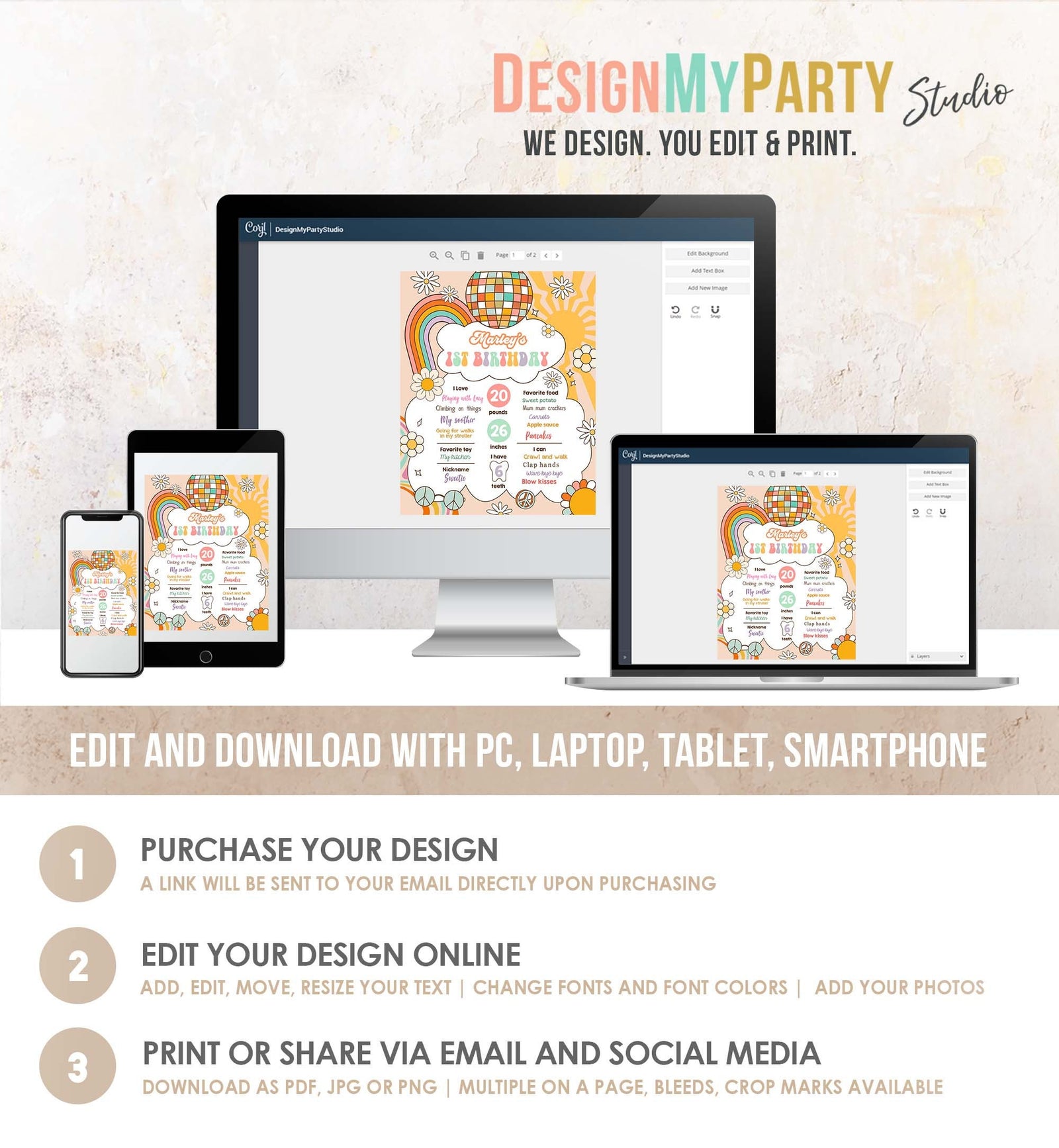 Editable Retro Groovy Birthday Milestones Sign Girl 1st First Birthday Hippie Flower Power 70's Boho Download Corjl Template Printable 0459