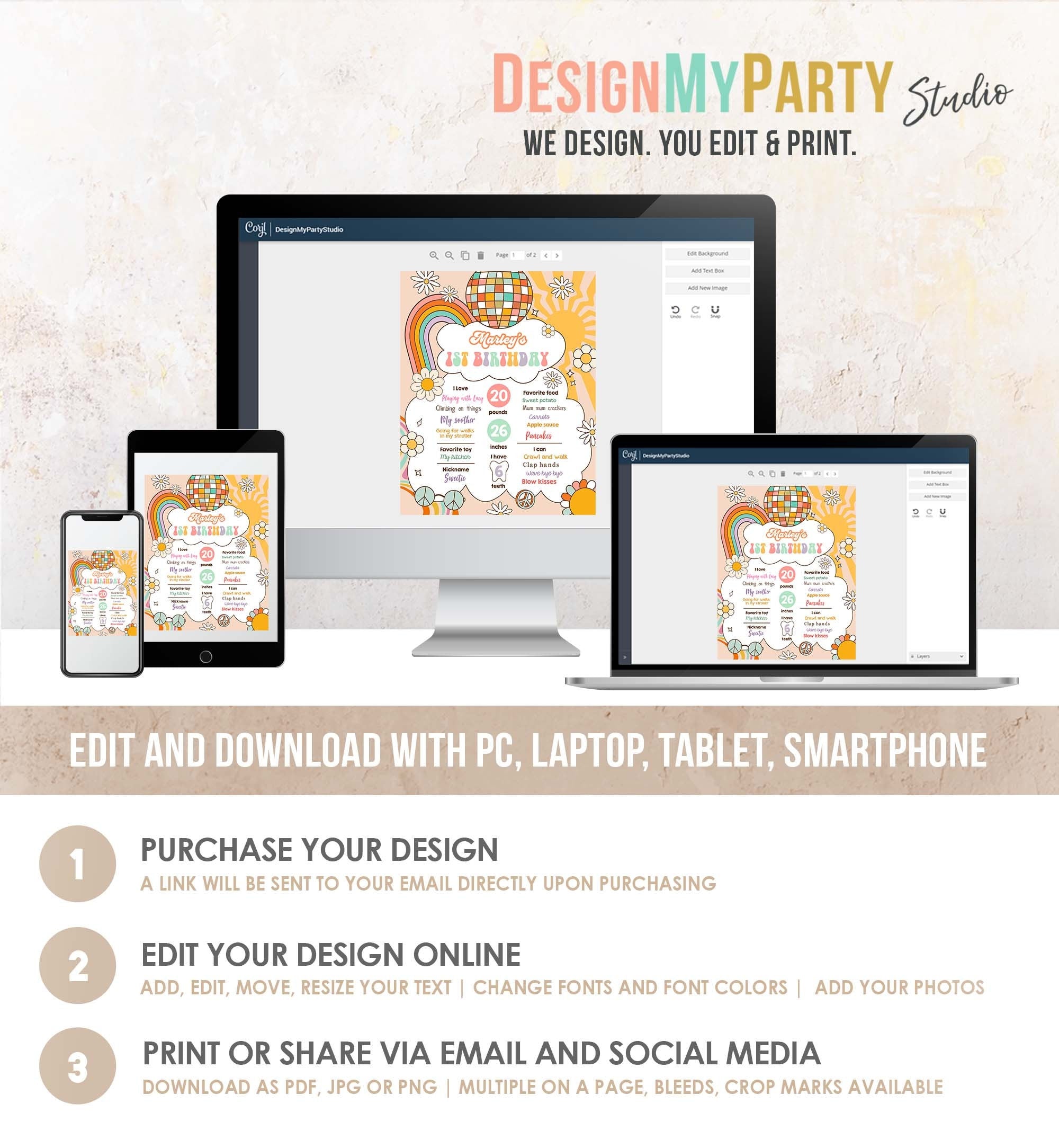 Editable Retro Groovy Birthday Milestones Sign Girl 1st First Birthday Hippie Flower Power 70's Boho Download Corjl Template Printable 0459