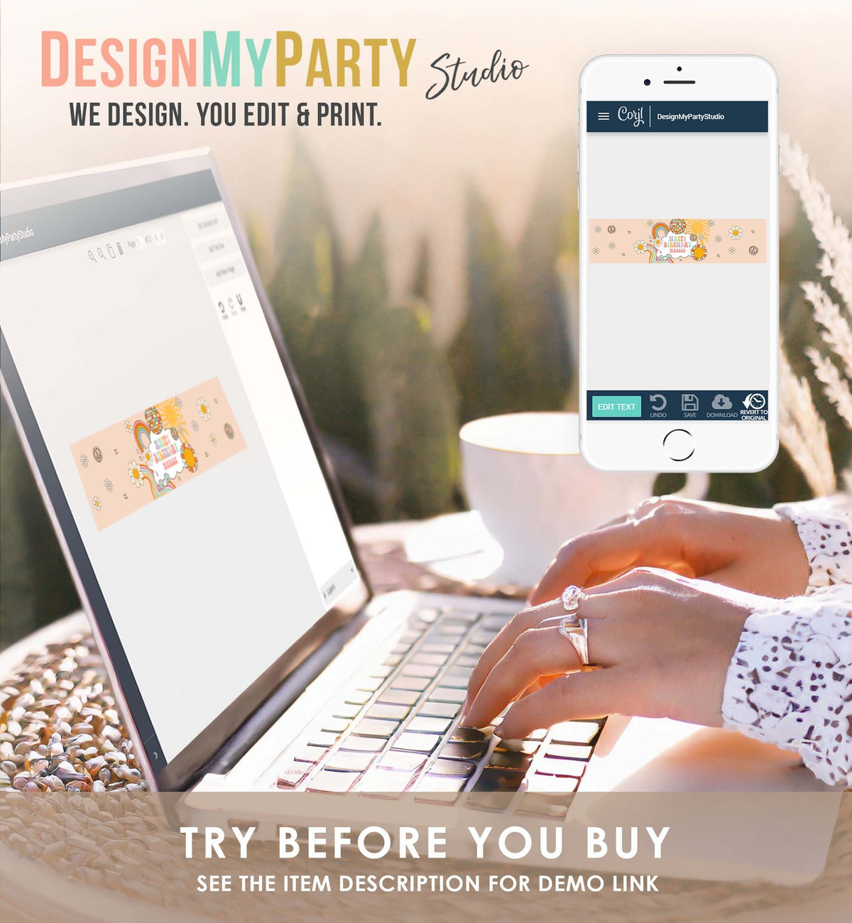 Editable Retro Groovy Water Bottle Label Boy Boho Hippie 70&#39;s Party Flower Power Peace Love Girl Download Template Corjl Printable 0459