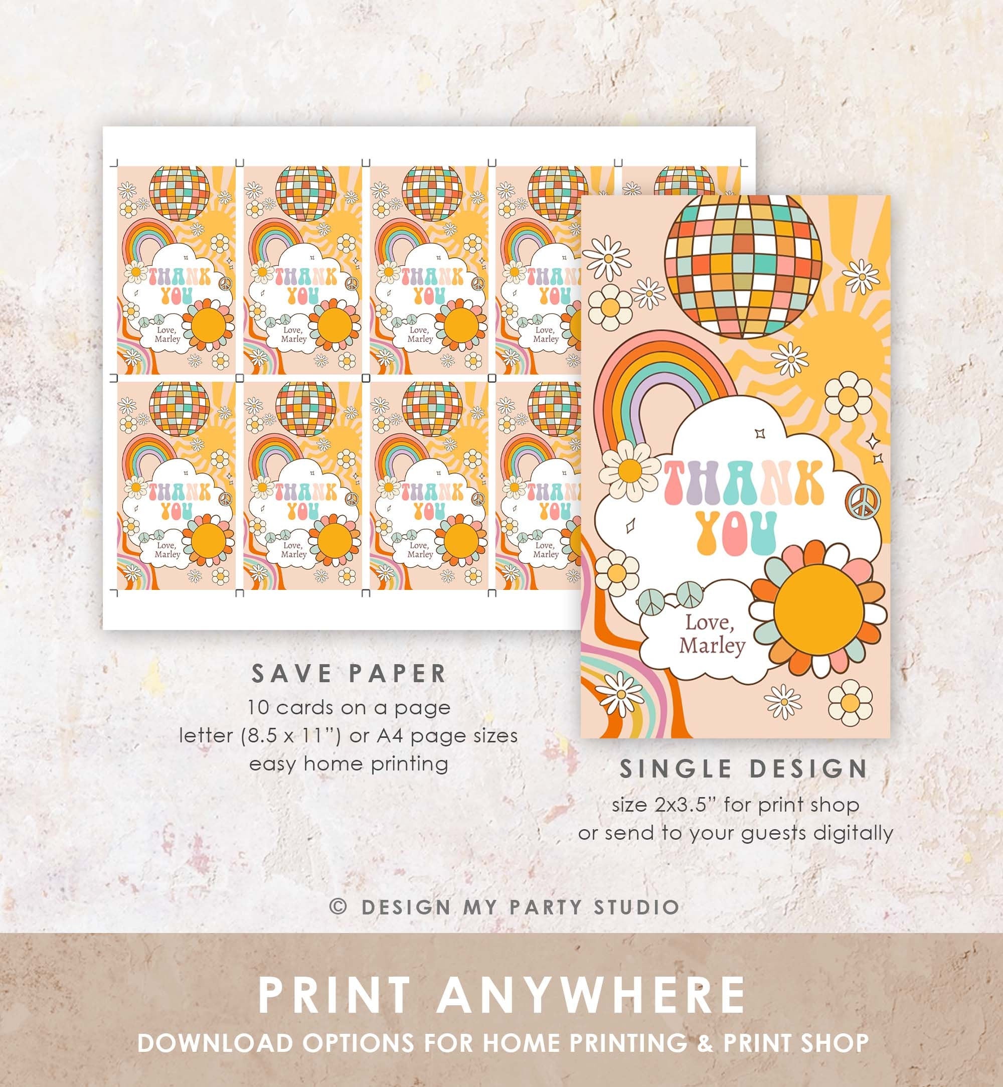 Editable Groovy Retro Favor Tag Roller Skate Birthday Thank You Tags Girl Retro 70's Party Flower Power Hippie Printable Corjl Template 0459