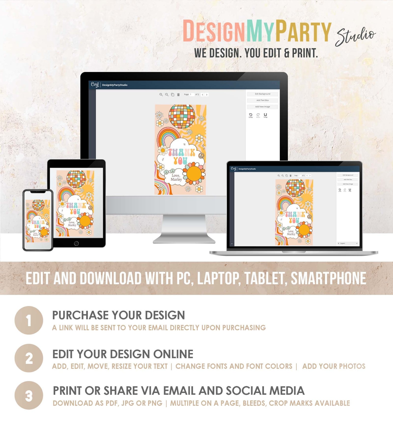 Editable Groovy Retro Favor Tag Roller Skate Birthday Thank You Tags Girl Retro 70's Party Flower Power Hippie Printable Corjl Template 0459