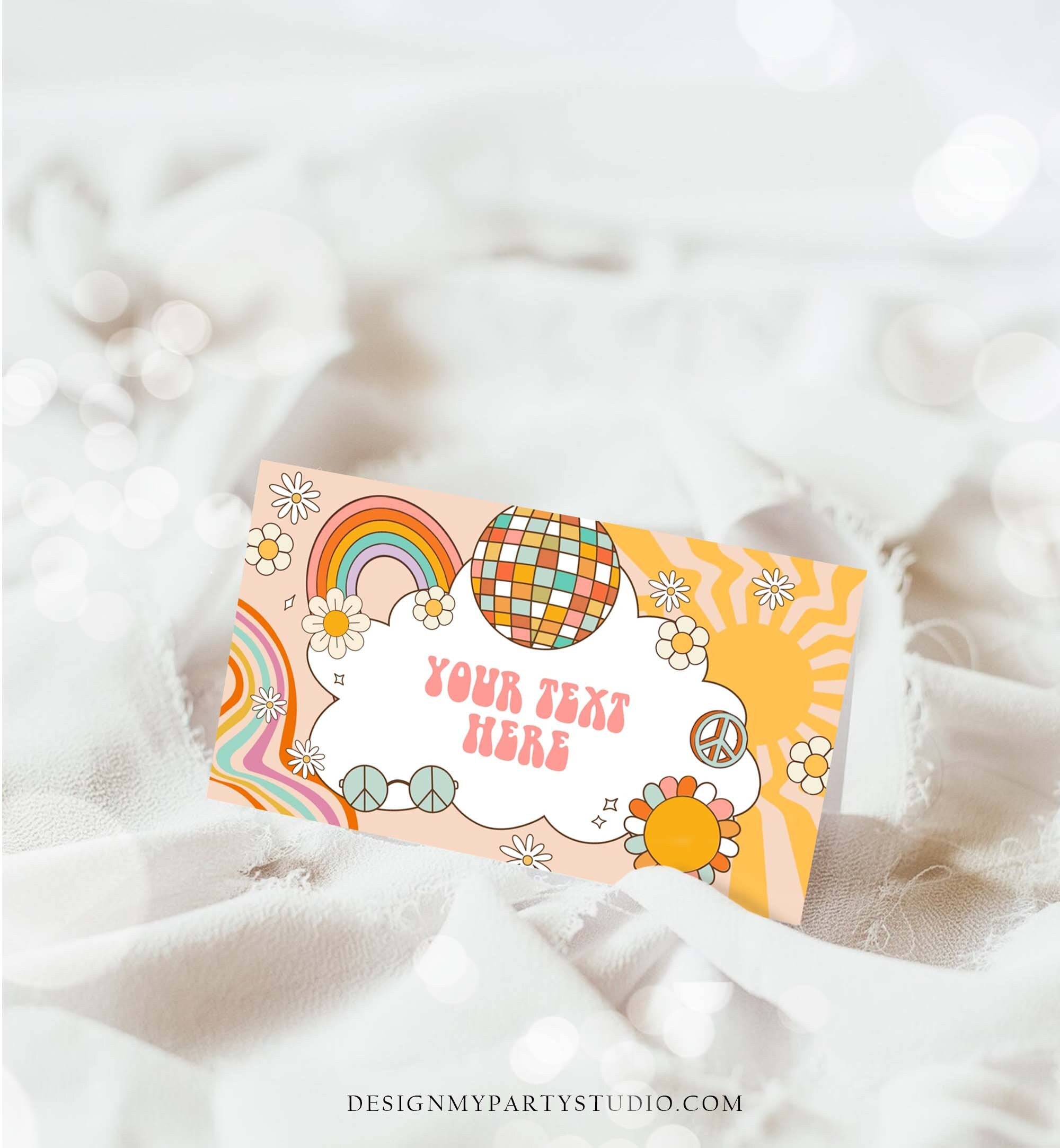 Editable Retro Groovy Food Labels Boho Birthday Place Card Tent Card Buffet Card Girl Hippie Flower Power Decor Corjl Template 0459