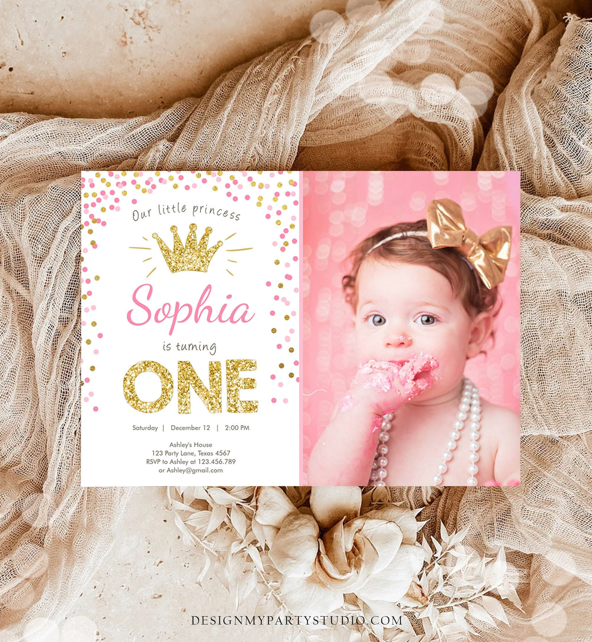 Editable Little Princess Birthday Invitation Girl Pink Gold First Birthday 1st ANY AGE Confetti Crown Download Evite Template Printable 0047
