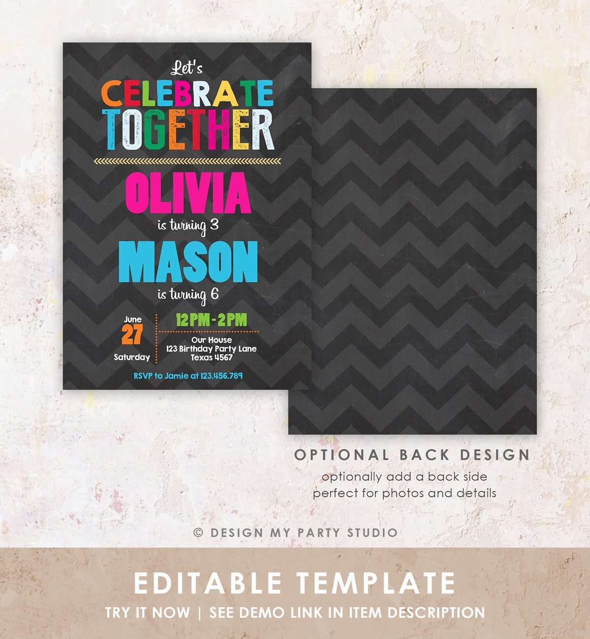 Editable Siblings Birthday Invitation Twins Birthday Party Dual Joint Boy Girl Party Rainbow Digital Download Template Printable 0087
