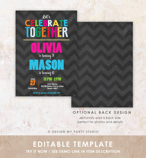 Editable Siblings Birthday Invitation Twins Birthday Party Dual Birthday Boy and Girl Party Rainbow Printable Invite Template Corjl 0087
