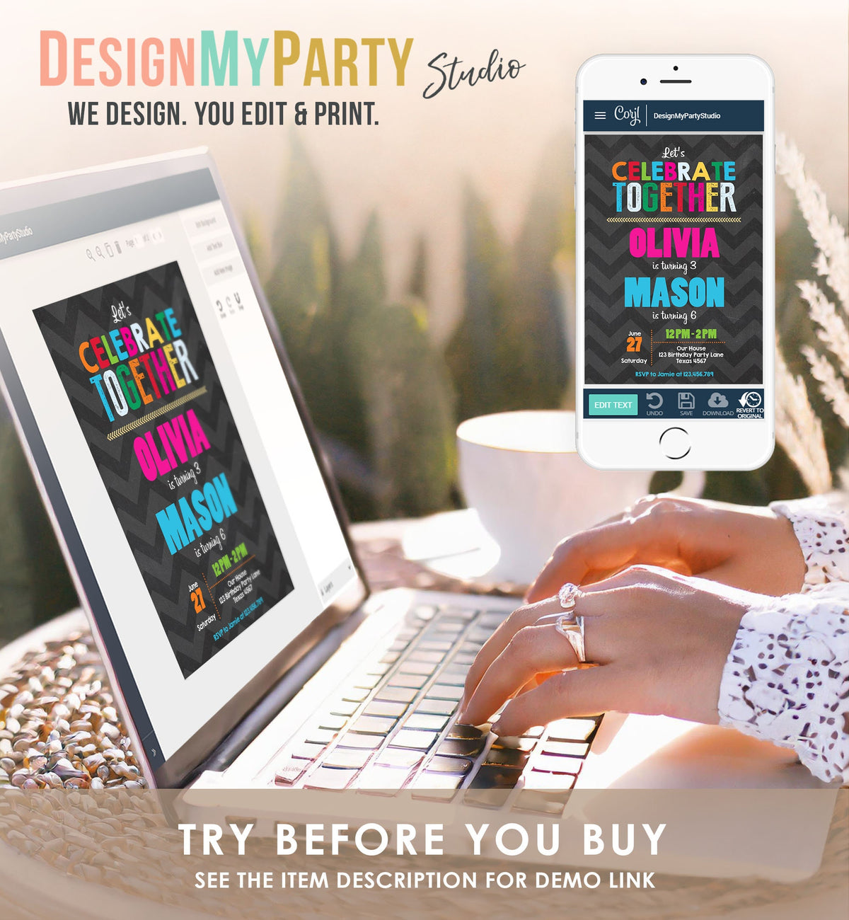 Editable Siblings Birthday Invitation Twins Birthday Party Dual Joint Boy Girl Party Rainbow Digital Download Template Printable 0087