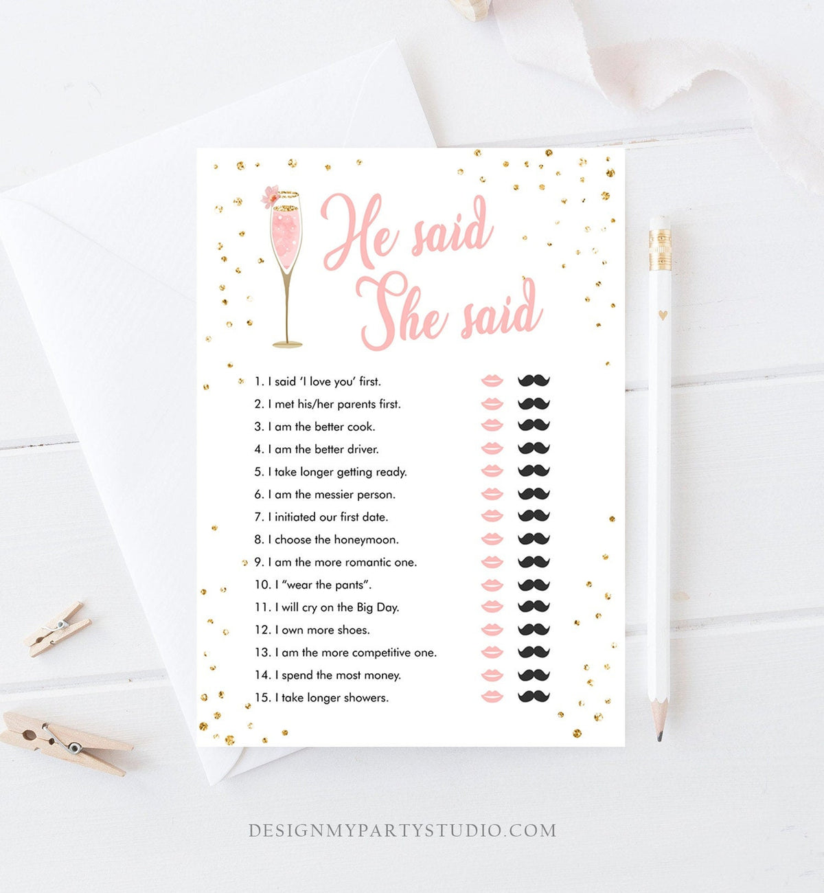 Editable He Said She Said Bridal Shower Game Brunch and Bubbly Bride or Groom Wedding Activity Gold Digital Download Template Printable 0150