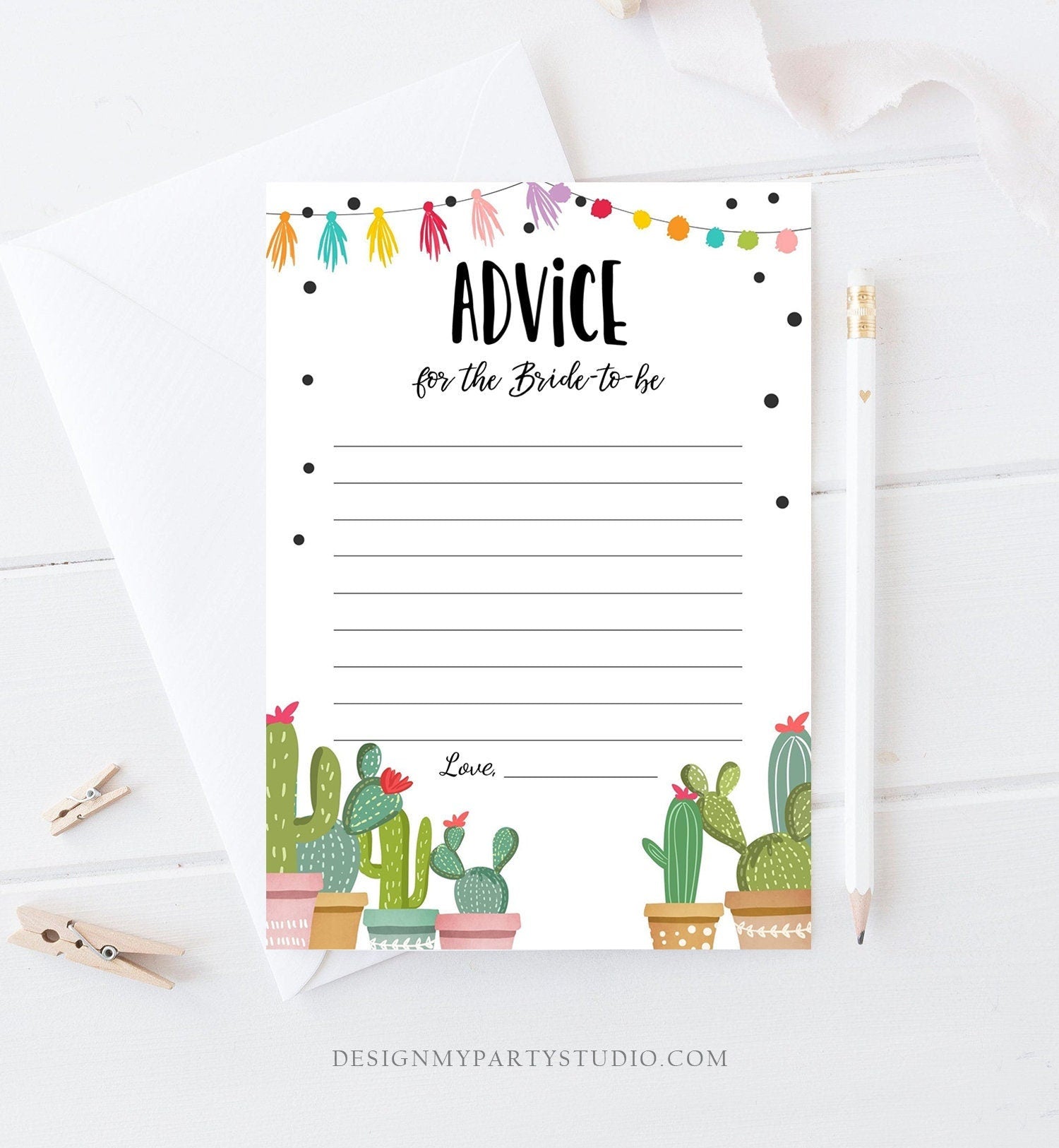 Editable Advice for the Bride Game Card Words of Wisdom Cactus Succulent Fiesta Bridal Shower Game Mexican Digital Template Printable 0254
