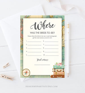 Editable Where Was the Bride-To-Be Bridal Shower Game Travel Where Was She Wedding Shower Activity Vintage Map Corjl Template Printable 0044
