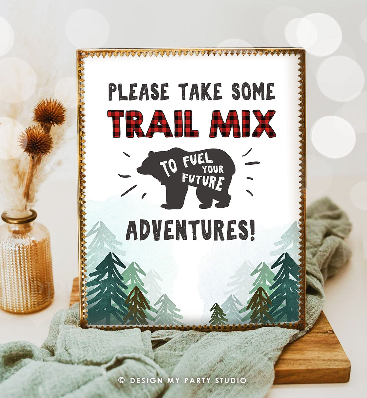 Trail Mix Sign Lumberjack Woodland Boy Birthday Sign Travel Adventure Outdoor Forest Bear Red Buffalo Plaid Instant Download Printable 0377