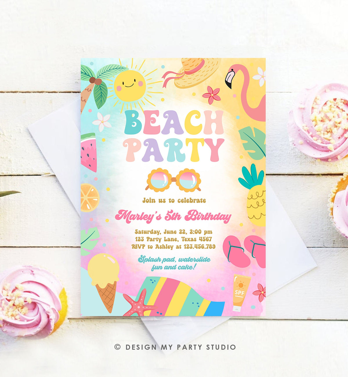 Editable Beach Birthday Invitation Tropical Pool Party Girl Summer Party Waterslide Splish Splash Pink Download Invite Template Corjl 0465