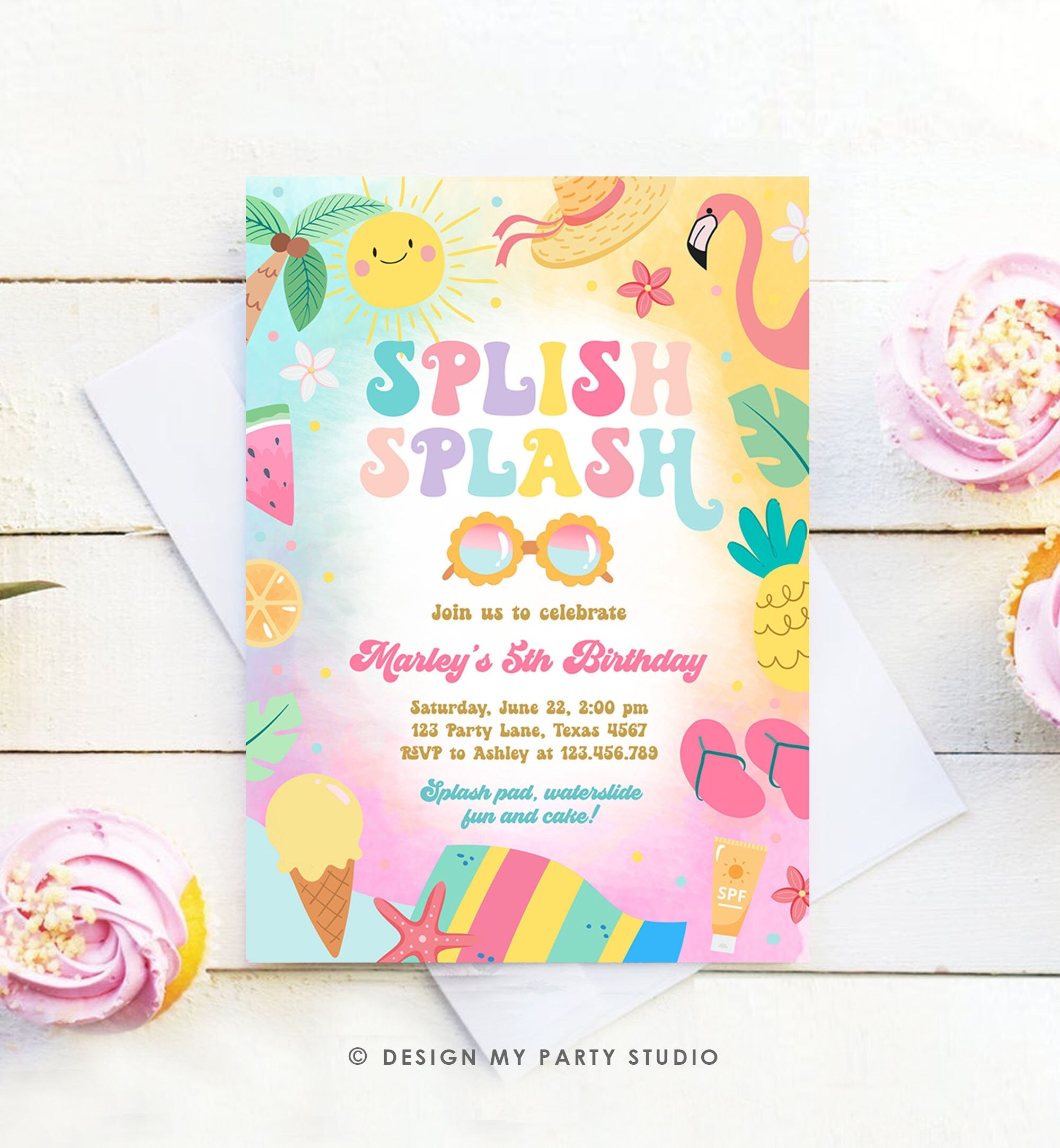 Editable Splish Splash Birthday Invitation Pool Party Girl Summer Waterslide Water Party Pink Digital Download Template Printable 0465