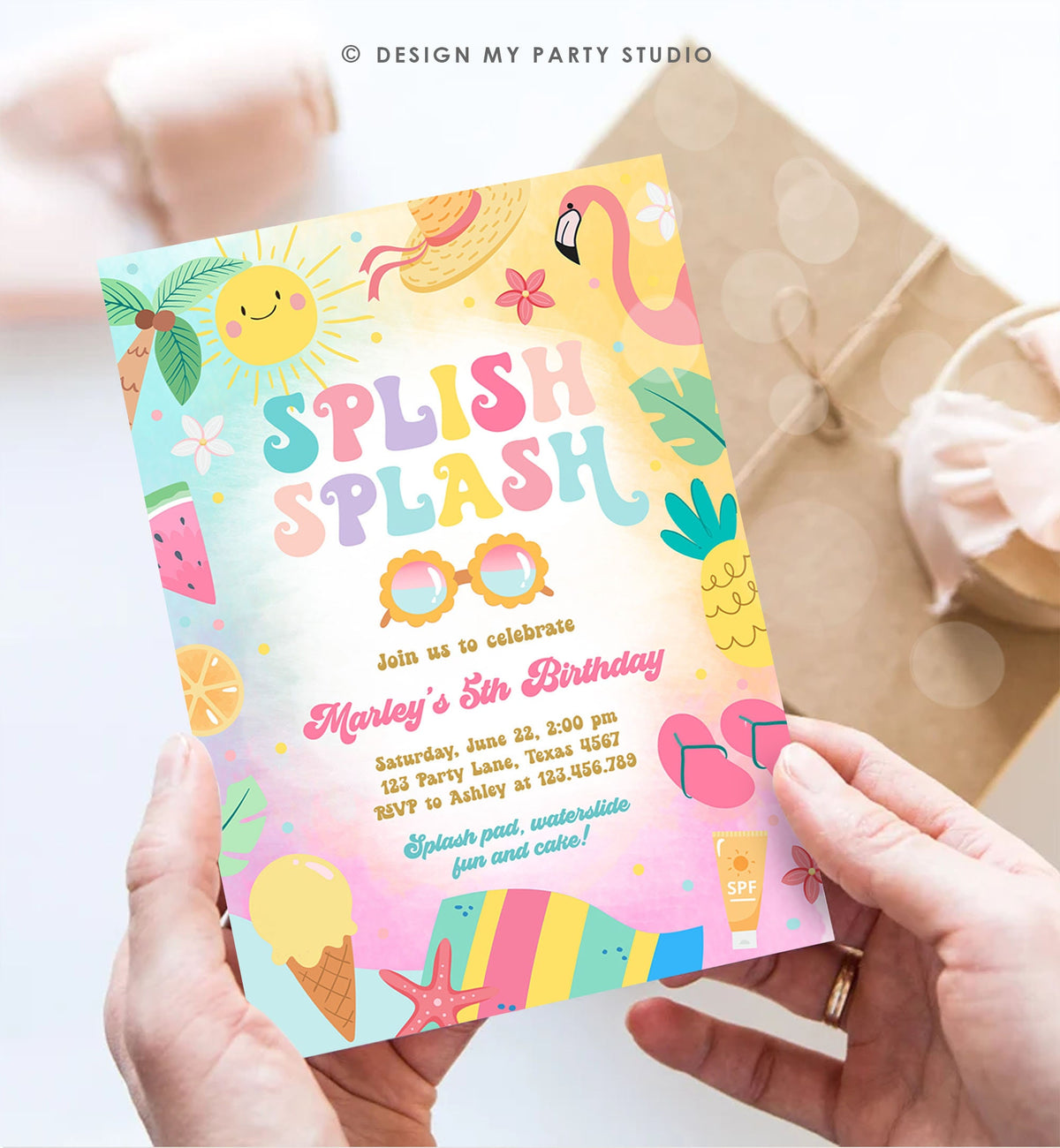 Editable Splish Splash Birthday Invitation Pool Party Girl Summer Waterslide Water Party Pink Digital Download Template Printable 0465