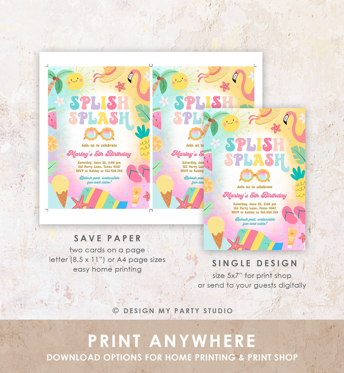 Editable Splish Splash Birthday Invitation Pool Party Girl Summer Waterslide Water Party Pink Digital Download Template Printable 0465