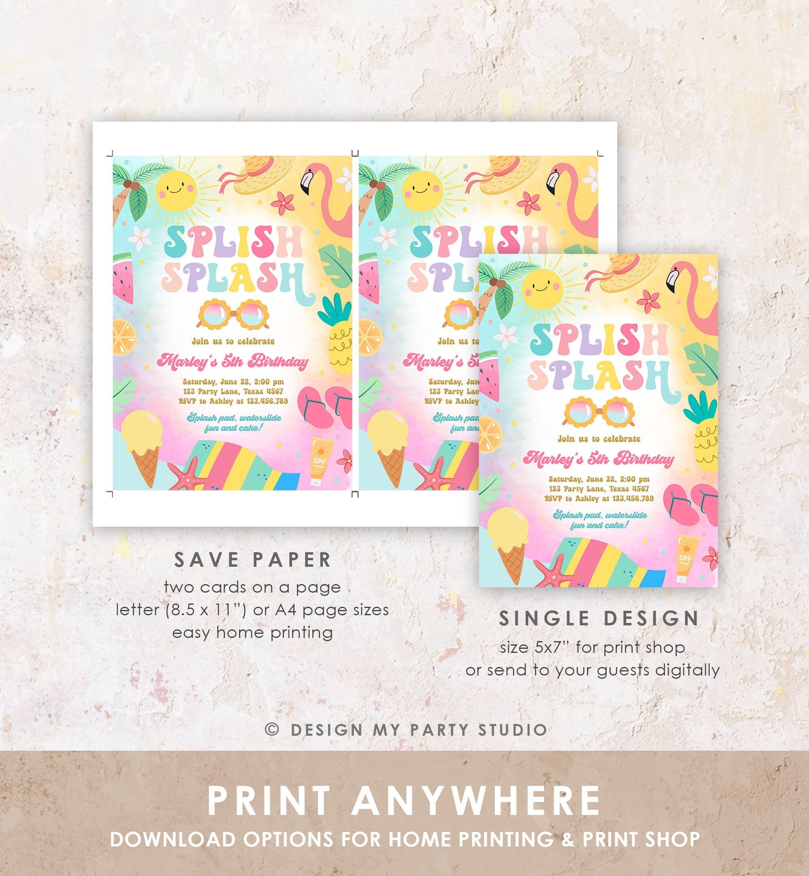 Editable Splish Splash Birthday Invitation Pool Party Girl Summer Waterslide Water Party Pink Digital Download Template Printable 0465