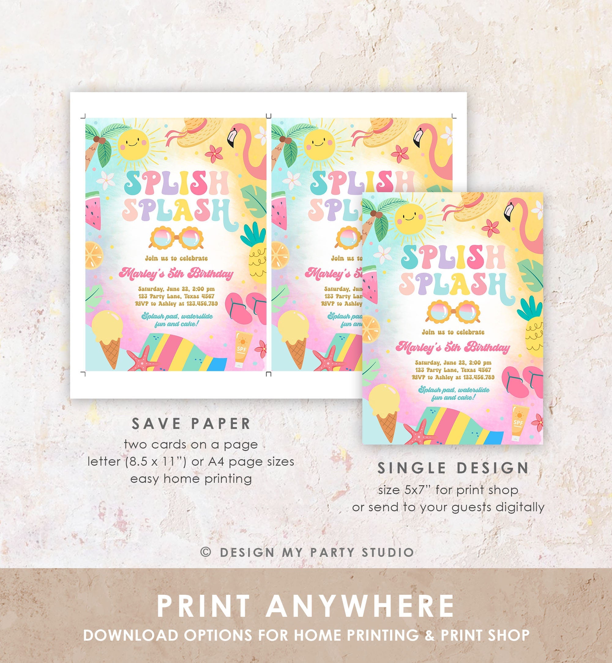 Editable Splish Splash Birthday Invitation Pool Party Girl Summer Waterslide Water Party Pink Digital Download Template Printable 0465