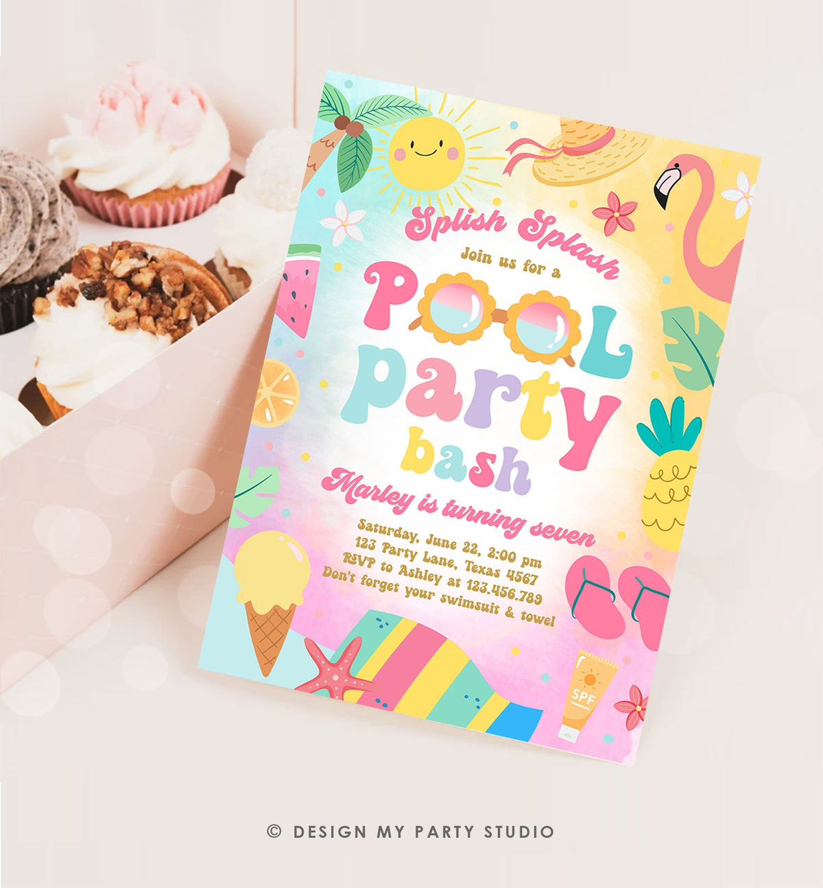 Editable Pool Party Birthday Invitation Splish Splash Girl Pool Party Bash Summer Waterslide Digital Download Evite Template Printable 0465