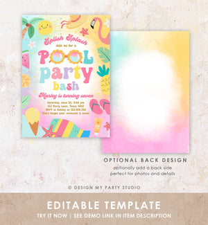 Editable Pool Party Birthday Invitation Splish Splash Girl Pool Party Bash Summer Waterslide Download Printable Invite Template Corjl 0465