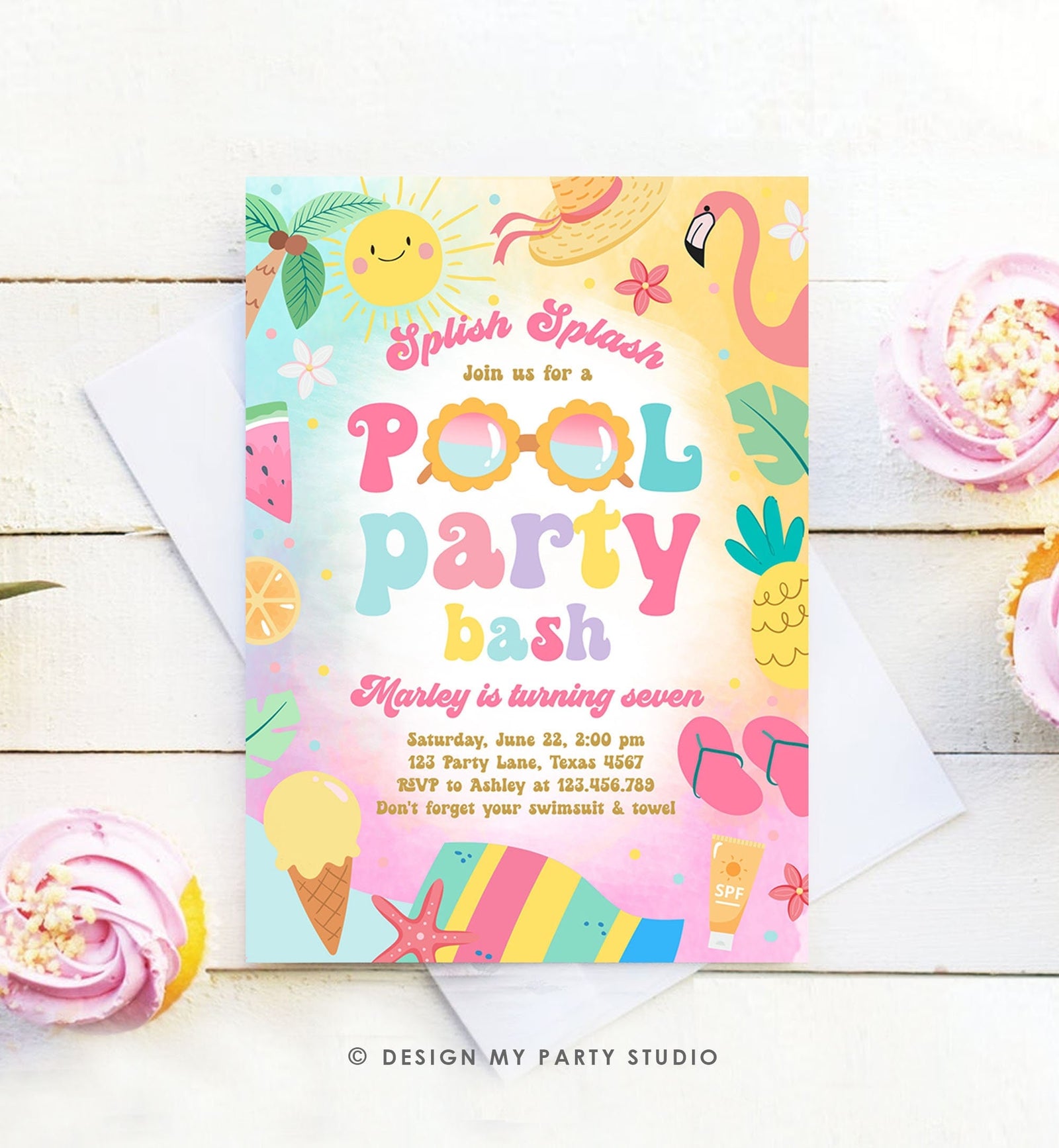 May include: A colorful pool party invitation with a yellow background and illustrations of a sun, sunglasses, a flamingo, a pineapple, a watermelon, an ice cream cone, and flip flops. The text reads &#39;Splish Splash Join us for a Pool Party Bash Marley is turning seven Saturday, June 22, 2:00 pm 123 Party Lane, Texas 4567 RSVP to Ashley at 123.456.789 Don&#39;t forget your swimsuit & towel SPF&#39;.