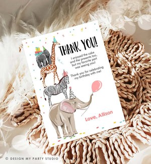 Editable Thank You Card Party Animals Thank you Note Wild Safari Animals Girl Jungle Zoo Download Printable Template Digital Corjl 0142
