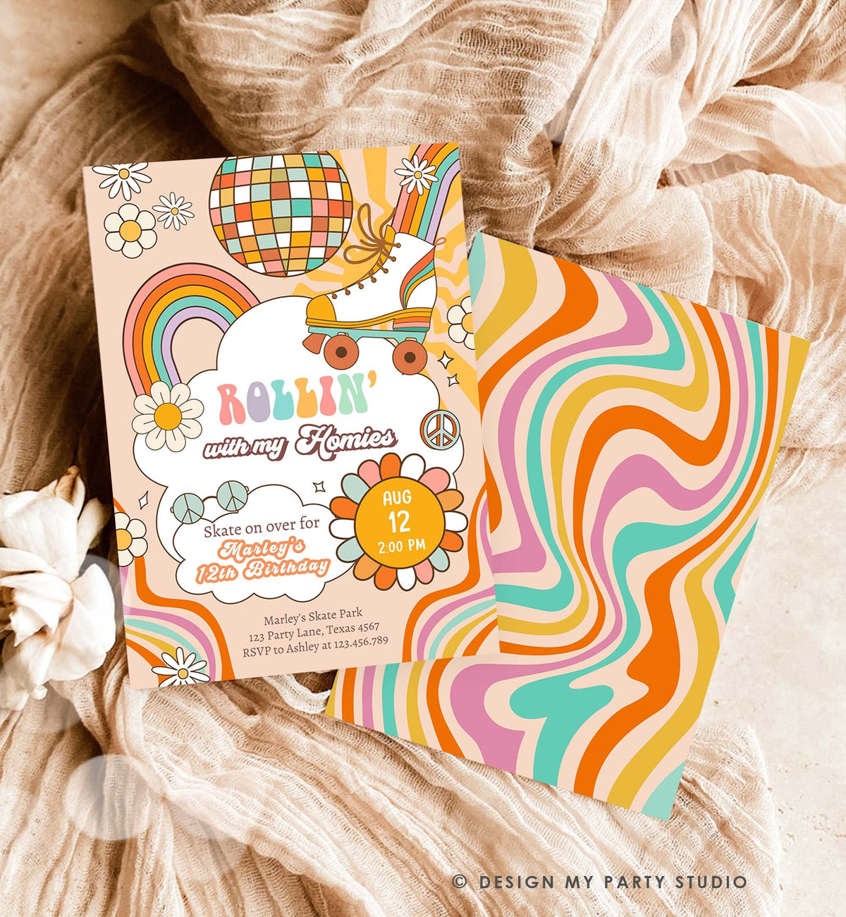 Editable Retro Roller Skate Birthday Party Invitation Let&#39;s Roll Skating Kids Rainbow 70&#39;s Skate Invite Download Template Corjl Digital 0459