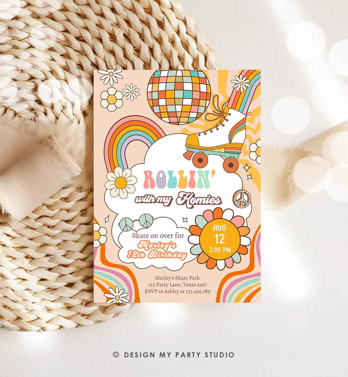 Editable Retro Roller Skate Birthday Party Invitation Let&#39;s Roll Skating Kids Rainbow 70&#39;s Skate Invite Download Template Corjl Digital 0459