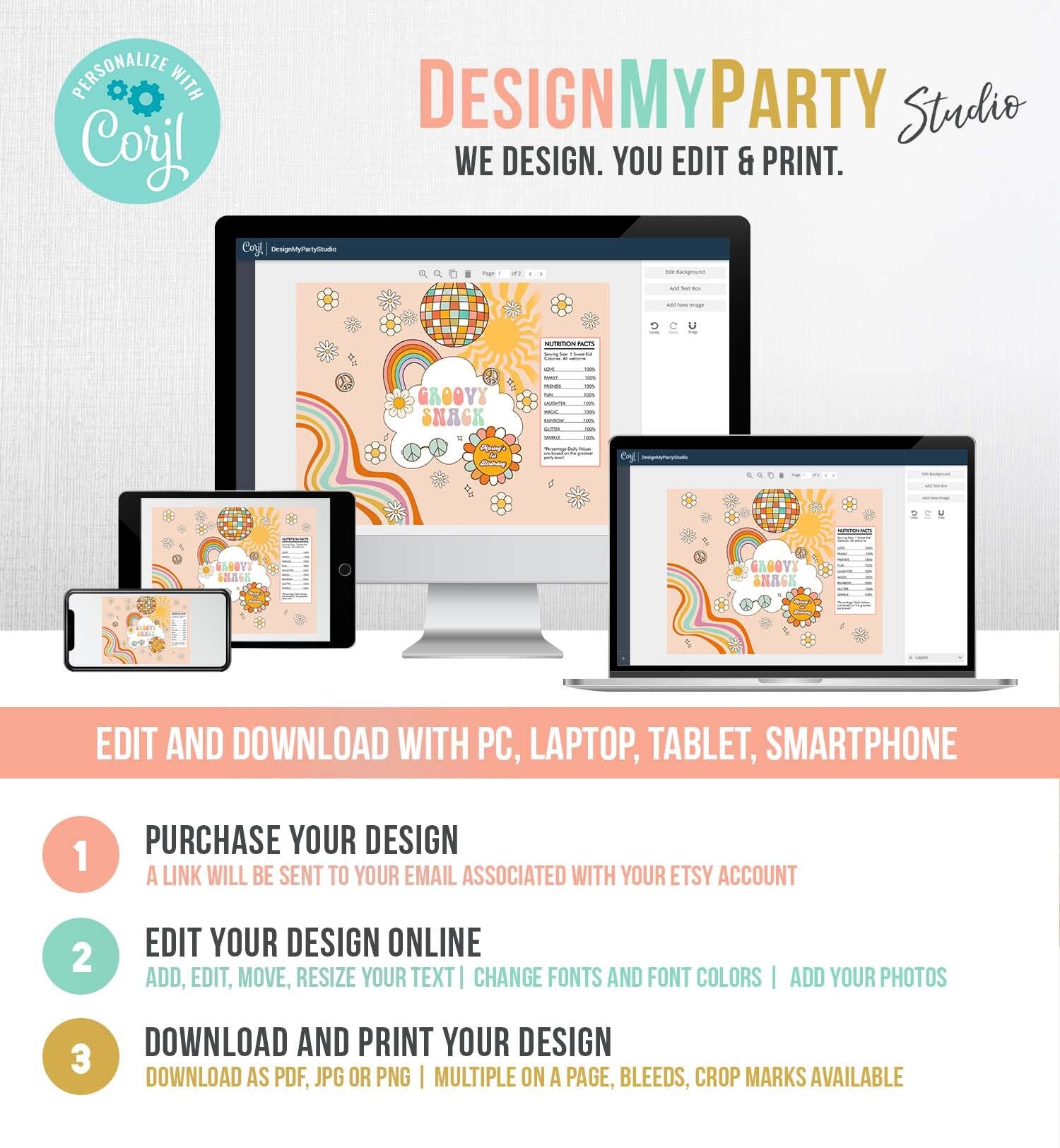 Editable Retro Groovy Snack Birthday Chip Bag Retro Groovy Party Decor Boy 70s Flower Power Groovy Snack Digital Template Printable 0459