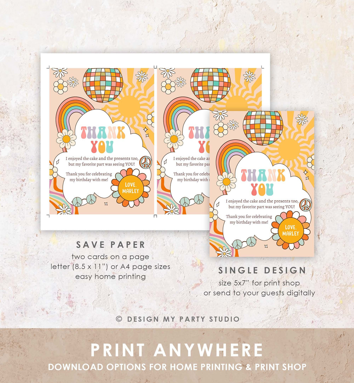 Editable Groovy Birthday Thank You Card Groovy Baby Shower Two Groovy One Boho Retro 70s Daisy Download Template Corjl Printable 0459