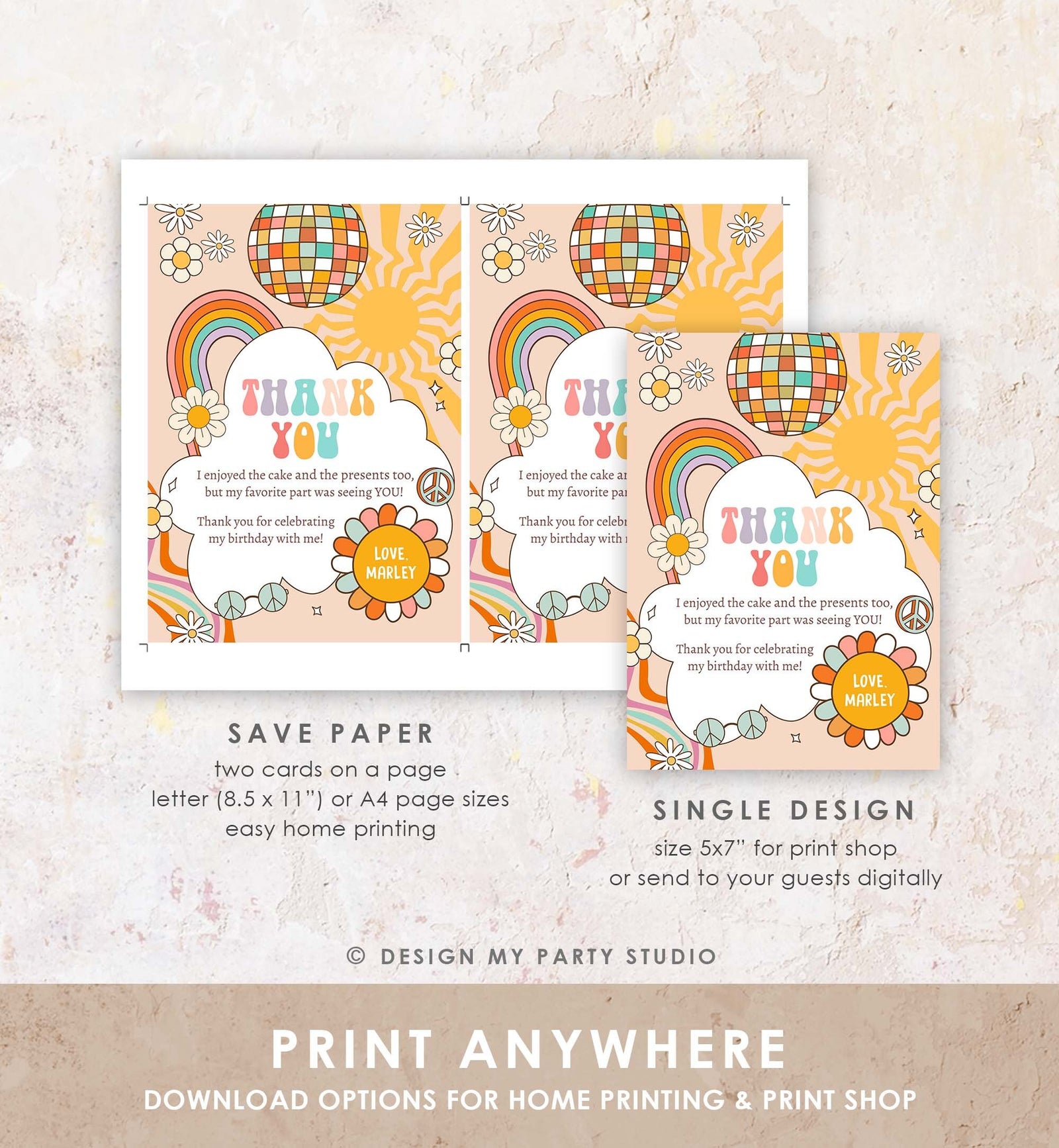 Editable Groovy Birthday Thank You Card Groovy Baby Shower Two Groovy One Boho Retro 70s Daisy Download Template Corjl Printable 0459