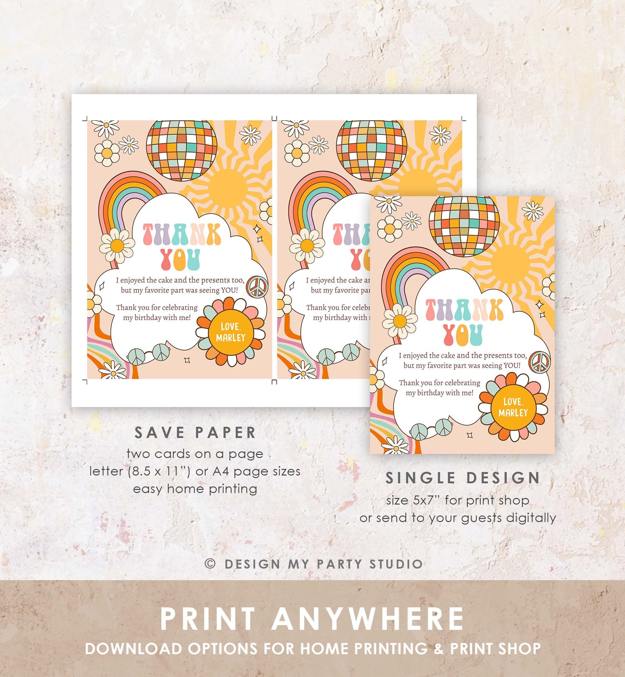 Editable Groovy Birthday Thank You Card Groovy Baby Shower Two Groovy One Boho Retro 70s Daisy Download Template Corjl Printable 0459