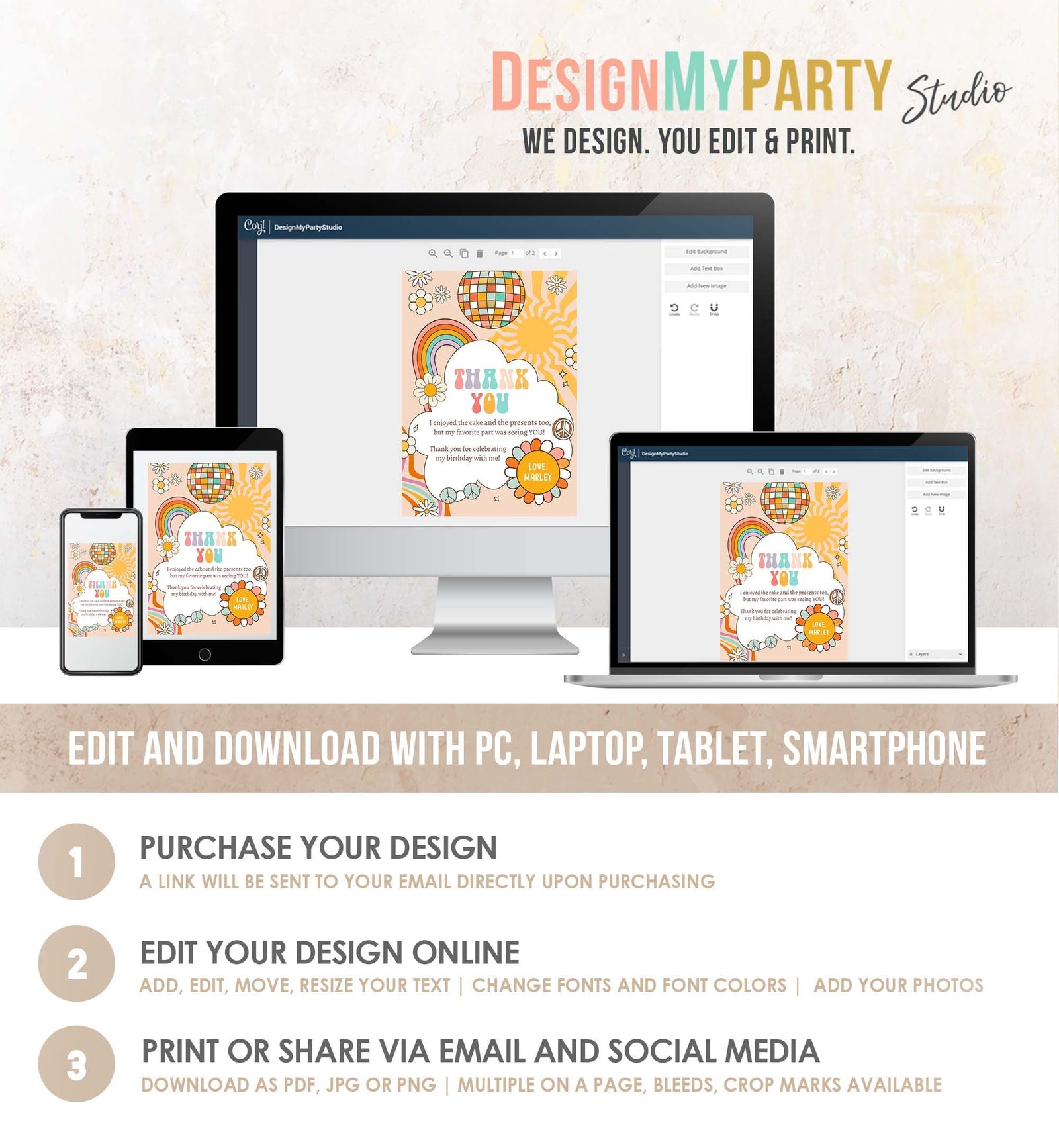 Editable Groovy Birthday Thank You Card Groovy Baby Shower Two Groovy One Boho Retro 70s Daisy Download Template Corjl Printable 0459